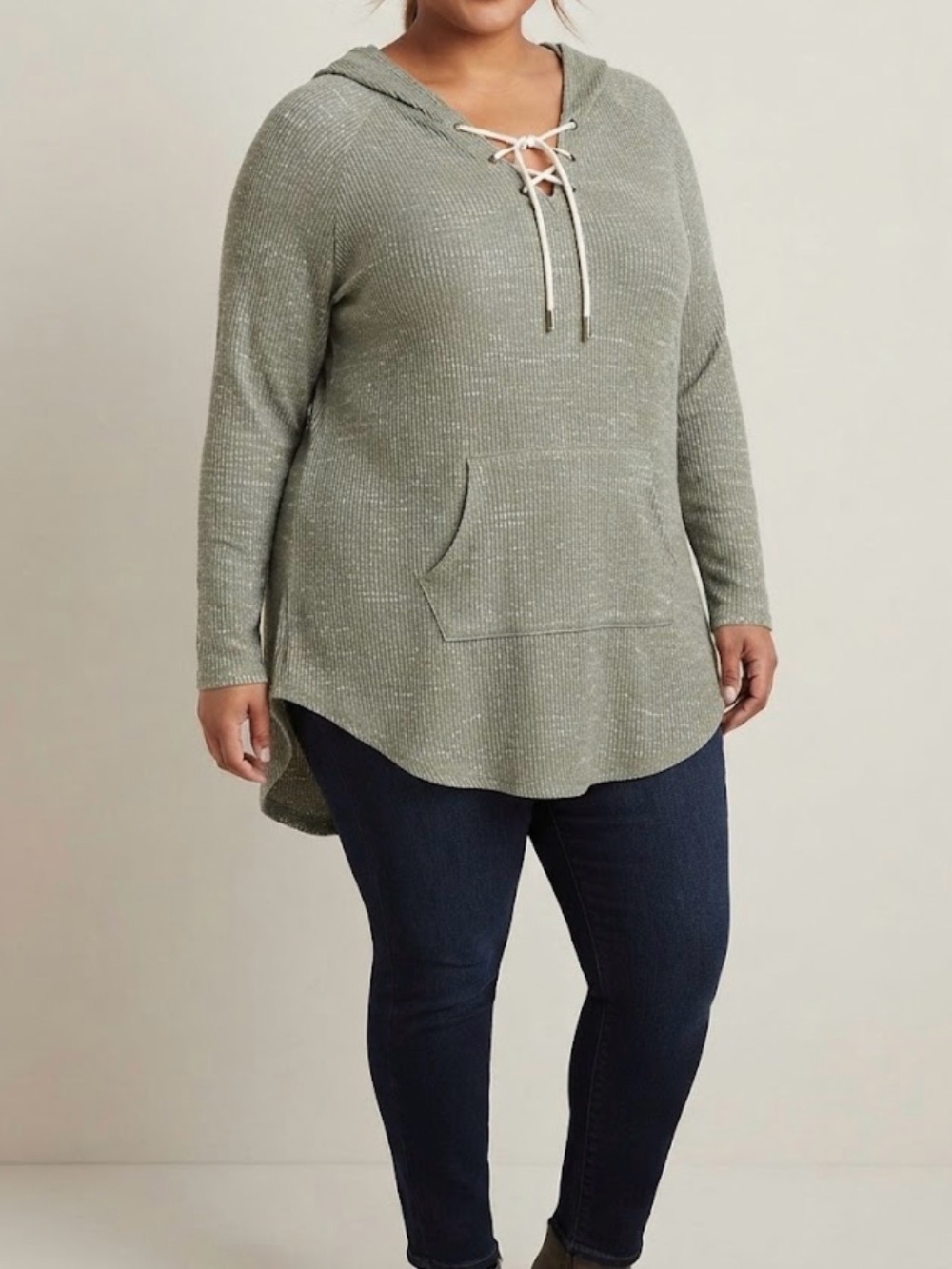 Green Grey Waffle Knit Lace Up Hoodie Sweater Tunic Thermal Plus Size 3X Top